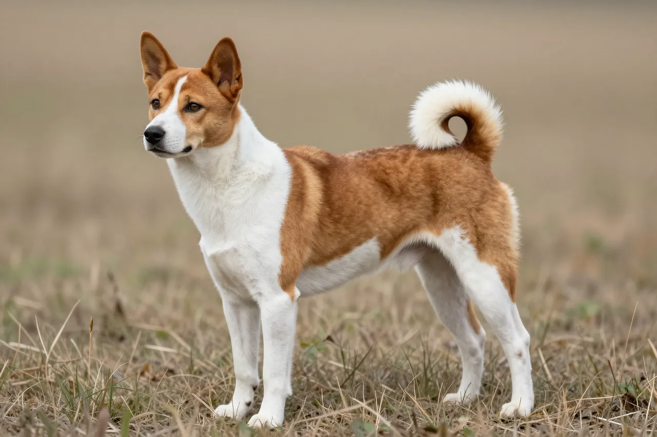 A side profile red and white Basenji stands alert in a field of dry grass