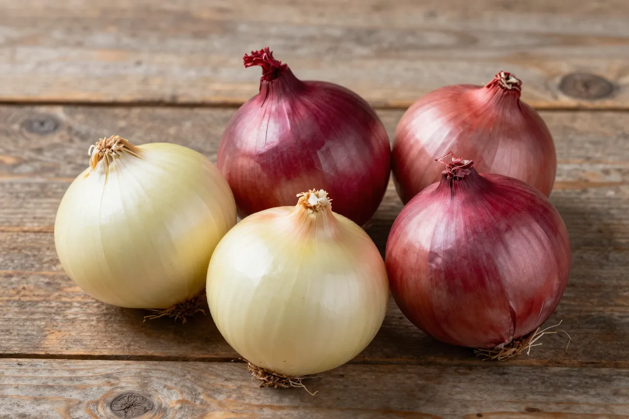 Whole red and yellow onions arranged on a weathered rustic wooden table surface