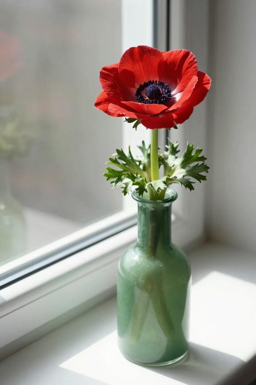 A single red anemone in a small green glass vase sits on a sunlit indoor windowsill.