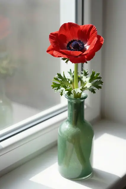 A single red anemone in a small green glass vase sits on a sunlit indoor windowsill.