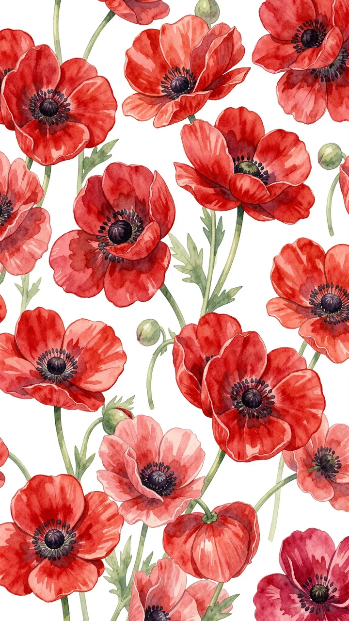 Seamless vertical watercolor pattern of red anemone flowers with dark centers on a plain white background