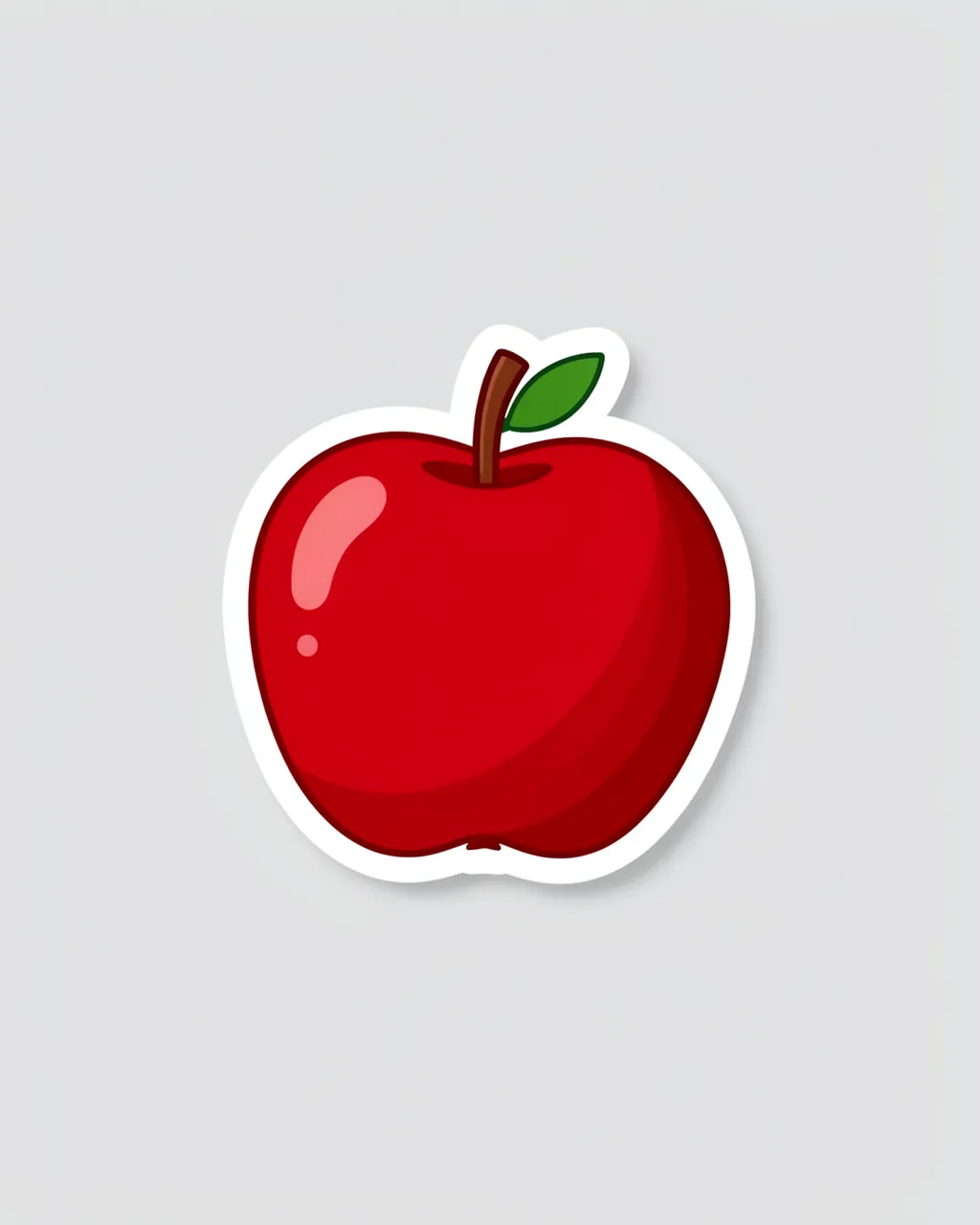 A glossy red apple sticker with a thick white border sits on a plain light gray background