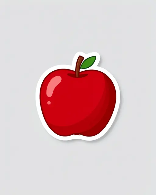 A glossy red apple sticker with a thick white border sits on a plain light gray background