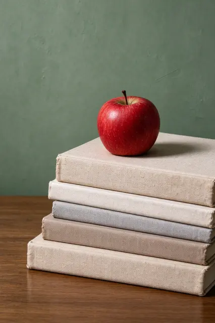 A glossy red apple rests balanced on a neat stack of cloth-covered hardcover books against a muted green wall.