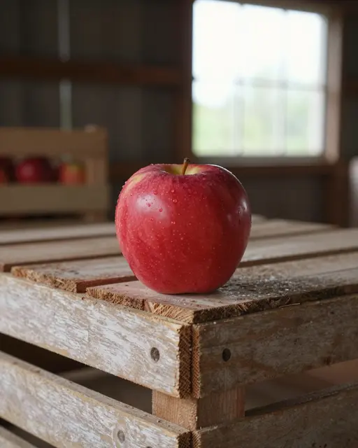 Glossy wet red apple rests on a weathered wooden crate inside a sunlit barn