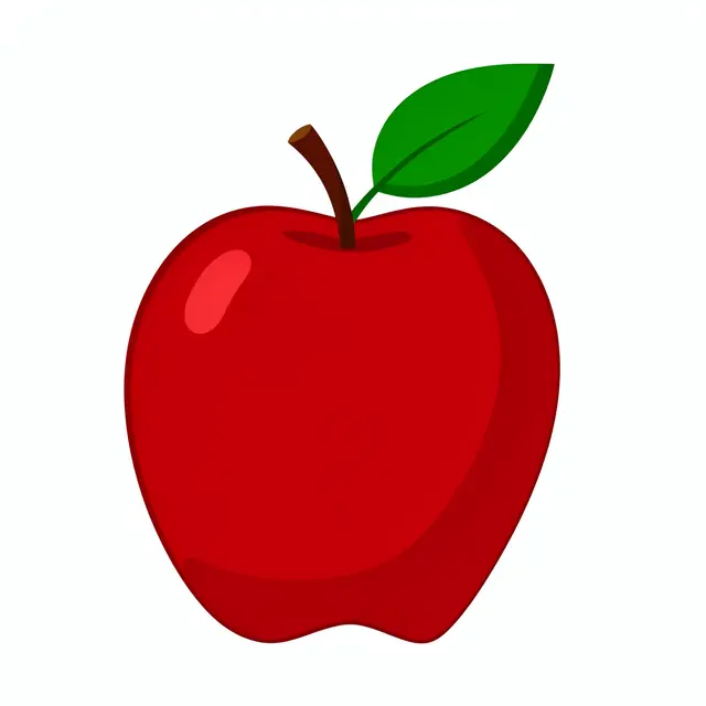 Flat clipart illustration of a glossy red apple with a stem and green leaf, isolated on a plain white background