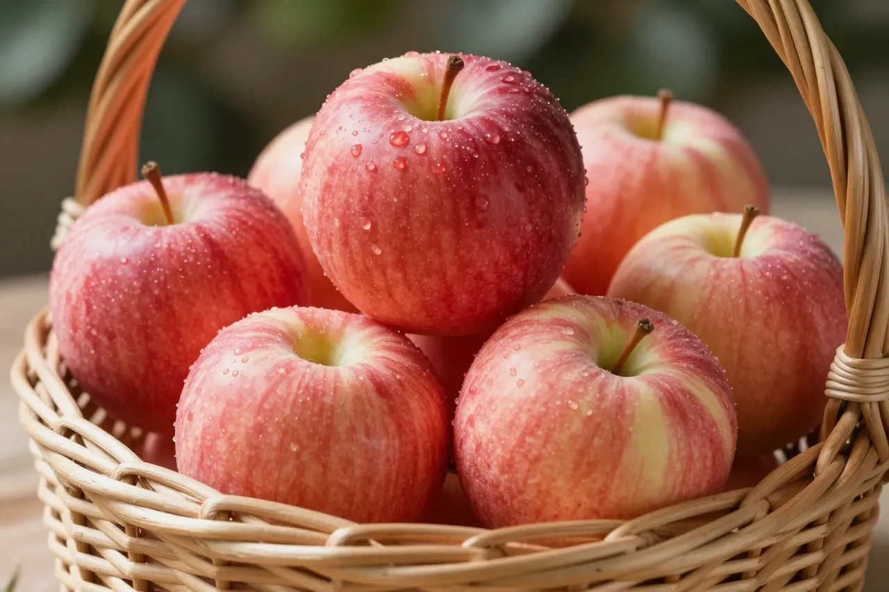 Fresh striped red apples dotted with water droplets sit inside a light wicker basket on a table