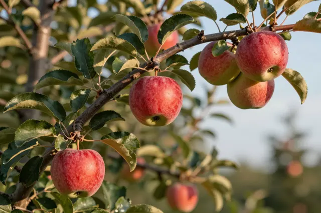 Ripe red apples hang from an apple tree branch in warm golden hour orchard light