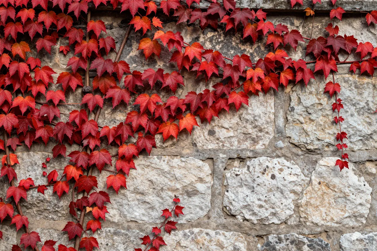 Bright red autumn ivy vines spread across a weathered old rough stone wall