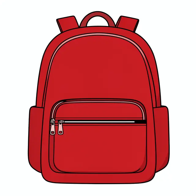 Flat clipart illustration of a red backpack with front zipper pockets isolated on a plain white background
