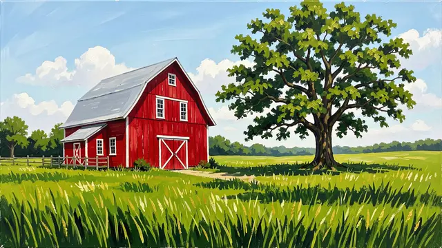 An acrylic painting of a red barn beside a large oak tree in a sunlit green summer field under a blue sky.