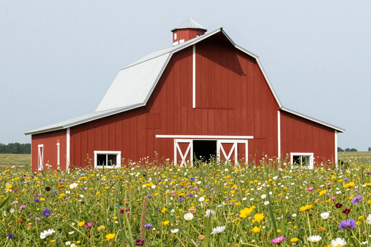 A traditional red barn stands beside a dense, colorful field of summer wildflowers under pale hazy sky