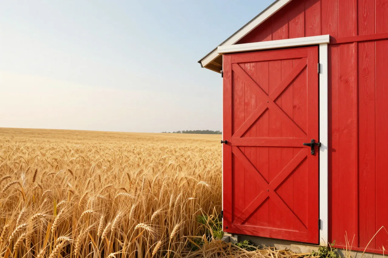 Red barn sits beside a vast golden wheat field under soft sunrise sky