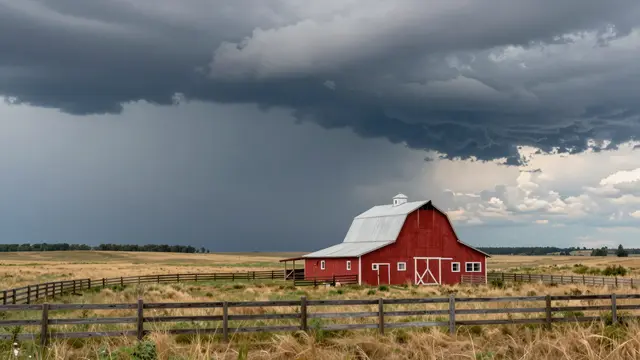 A lone red barn sits behind a wooden fence on a prairie under dark storm clouds