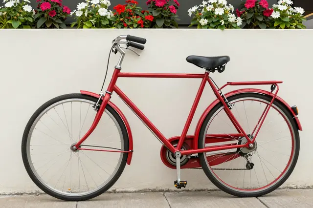 Classic red bicycle leans against a light wall topped with colorful flower planters above a sidewalk.