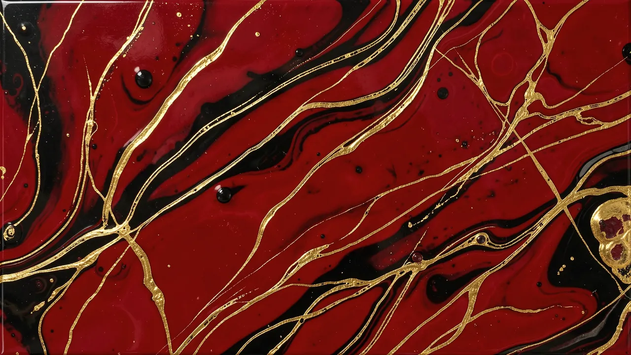 Glossy abstract acrylic pour pattern with swirling deep red, black and thin metallic gold veins