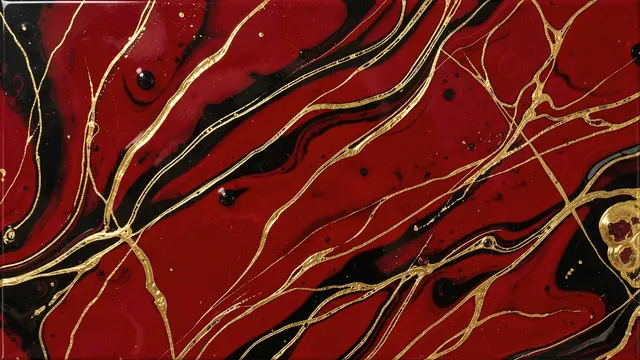 Glossy abstract acrylic pour pattern with swirling deep red, black and thin metallic gold veins