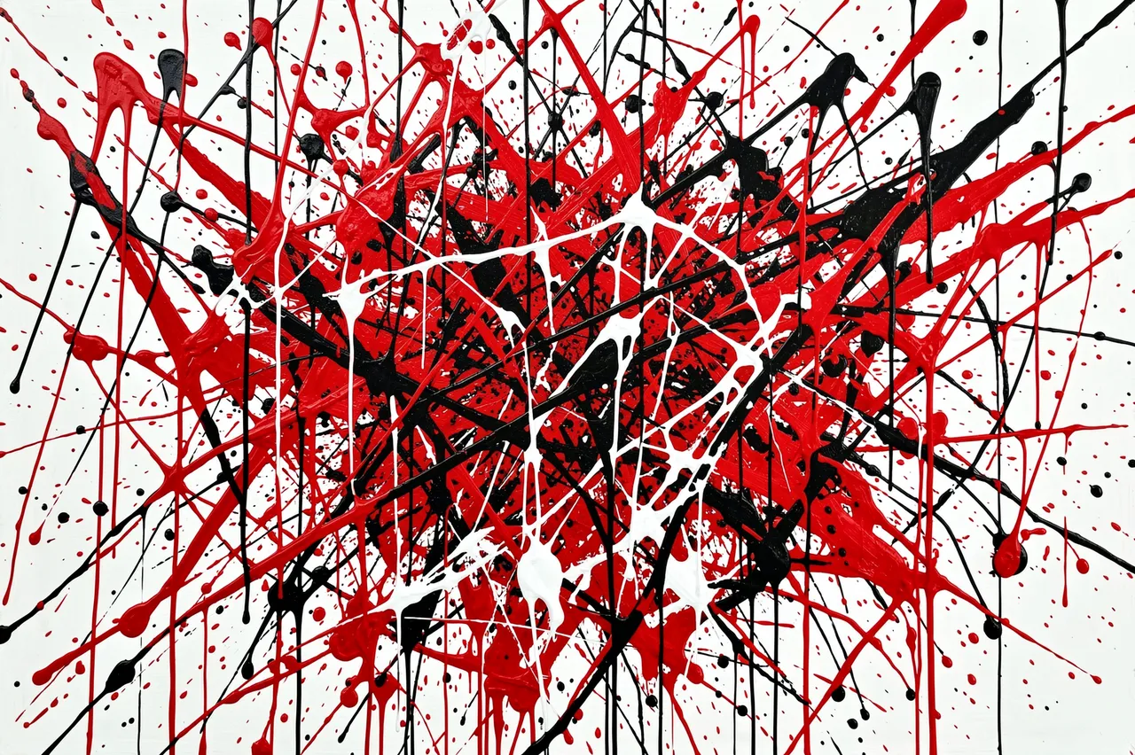 An abstract expressionist artwork featuring energetic overlapping drips and splatters in red, black and white on a light
