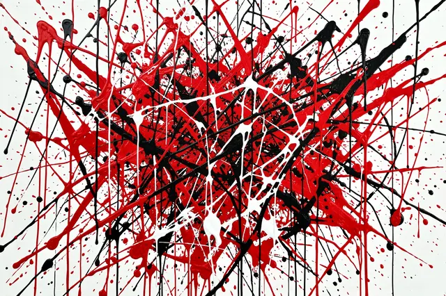 An abstract expressionist artwork featuring energetic overlapping drips and splatters in red, black and white on a light
