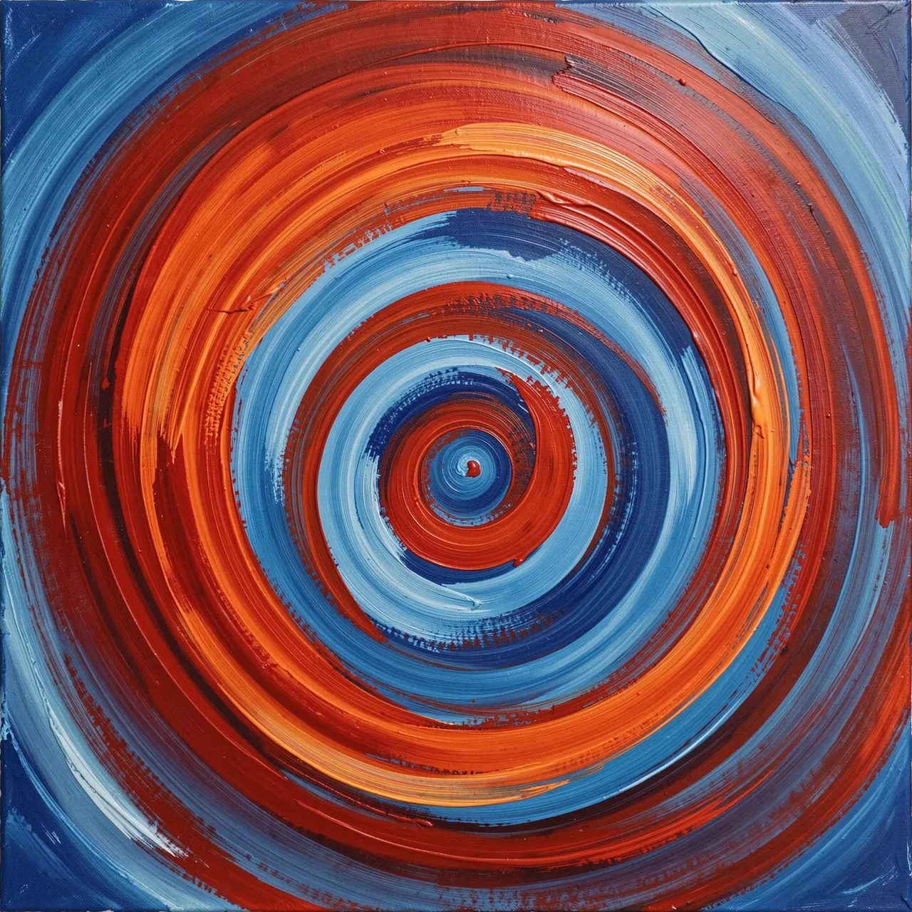Textured abstract acrylic spiral with warm red and orange strokes unwinding into cool blue tones
