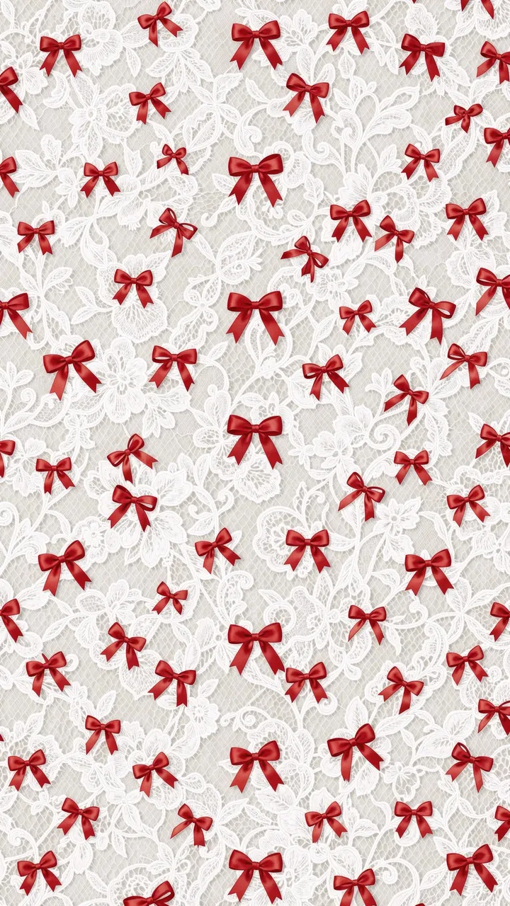 Scattered tiny red satin ribbon bows rest over an ornate white floral lace background designed for wallpaper use