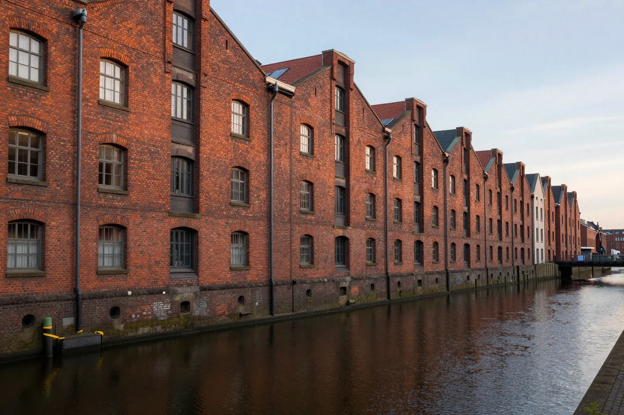 A row of historic red brick warehouse buildings lines a calm canal at soft dusk, with building reflections in the water.