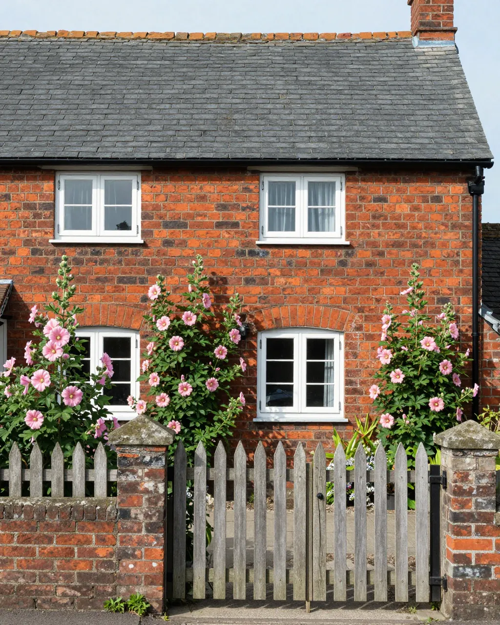 Traditional brick cottage with slate roof, wooden picket gate, and tall pink hollyhock flowers lining its front wall