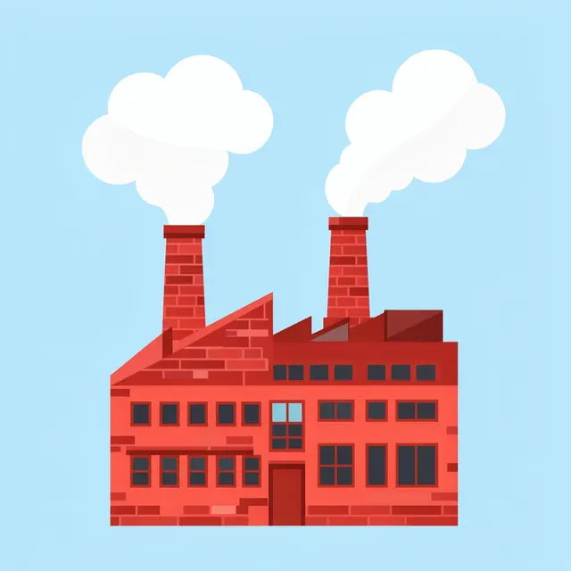 Flat vector illustration of a red brick factory with two chimneys emitting white smoke clouds against a light blue sky