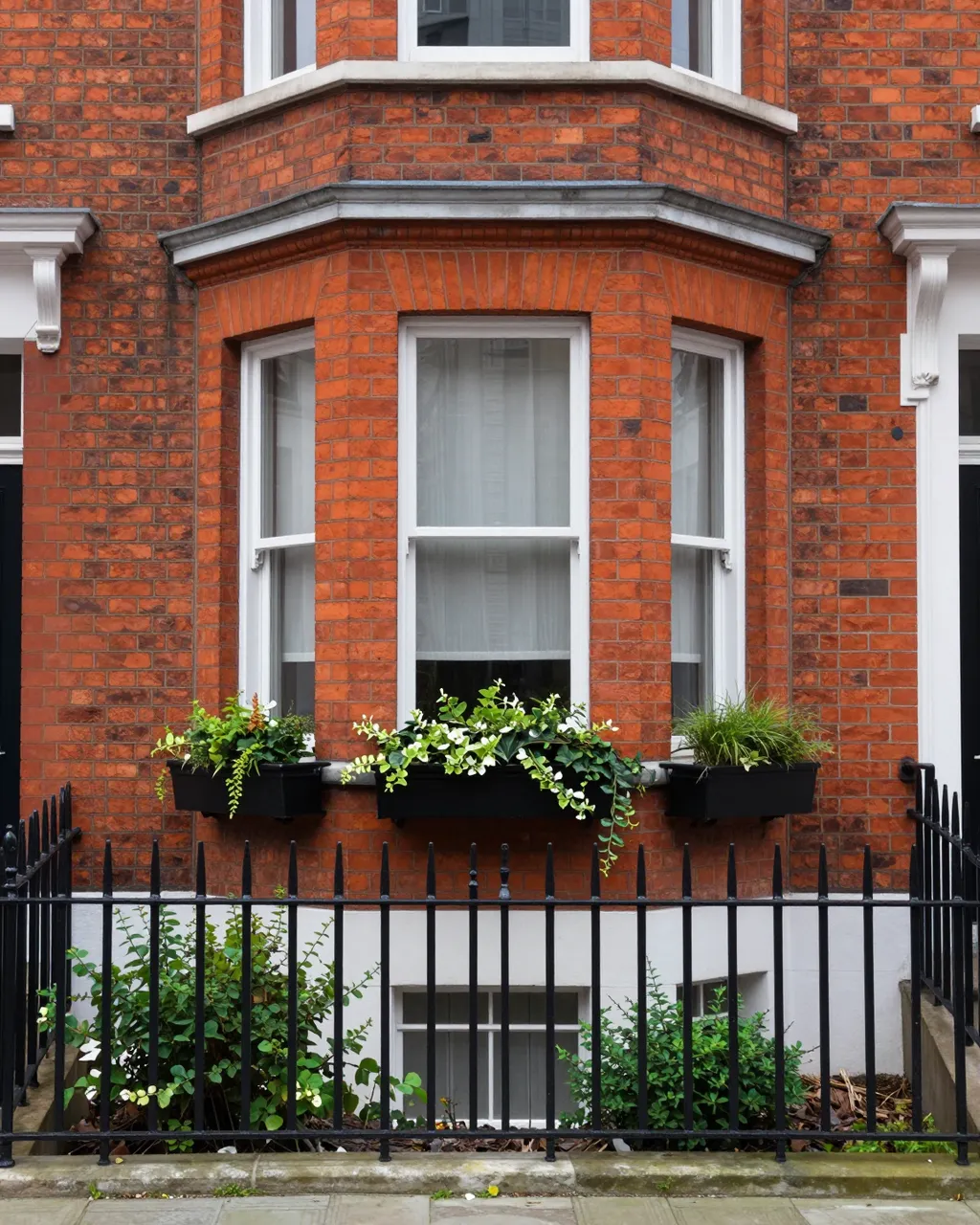 Close-up of a red brick townhouse bay window with planted window boxes behind black iron railings.