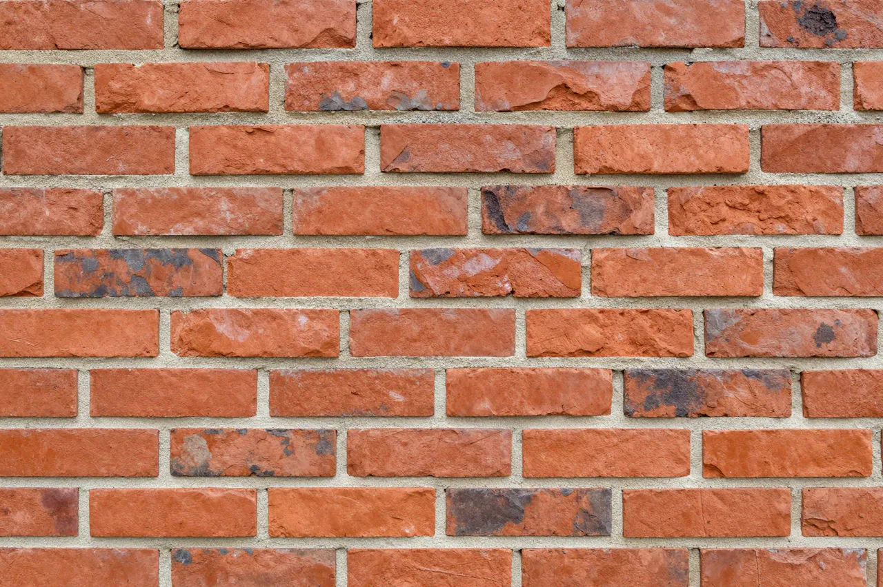 Full frame close up of red clay bricks set in light gray mortar with natural surface variation.