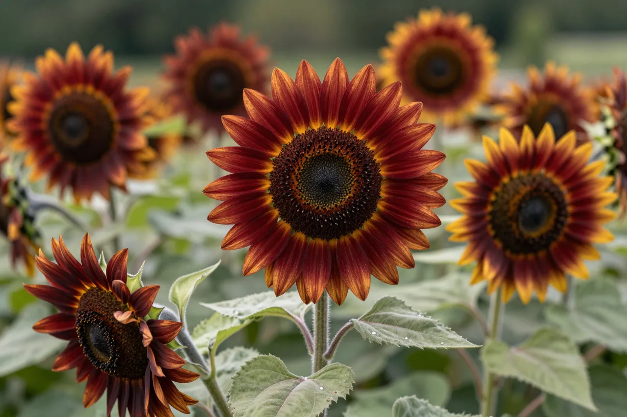 Sharp foreground red and bronze sunflowers grow in a soft focus summer garden.