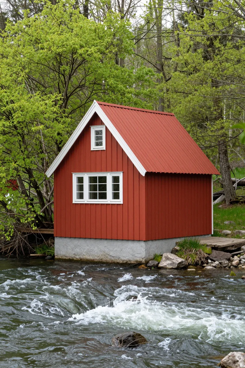 Red gabled cabin on a concrete base sits beside a rushing river surrounded by fresh spring green trees