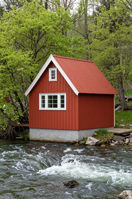 Red gabled cabin on a concrete base sits beside a rushing river surrounded by fresh spring green trees