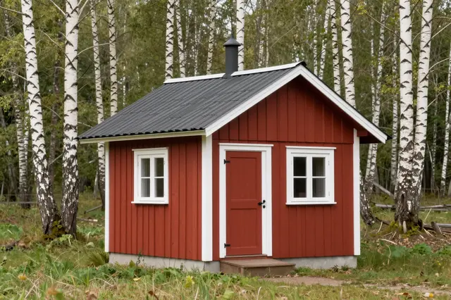 A tiny red timber cottage with white trim sits in a grassy birch forest clearing