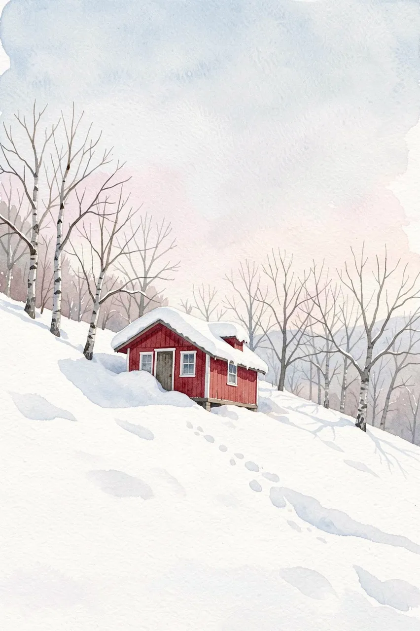 A small red cabin half-buried in deep snow sits on a snowy hillside surrounded by bare birch trees under a pale winter sky