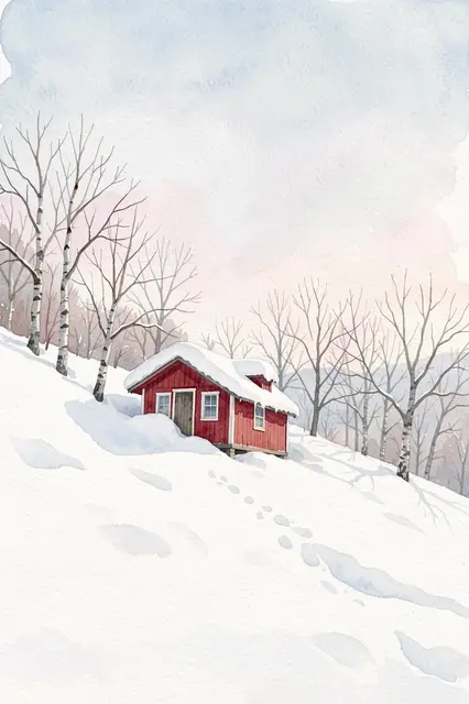 A small red cabin half-buried in deep snow sits on a snowy hillside surrounded by bare birch trees under a pale winter sky
