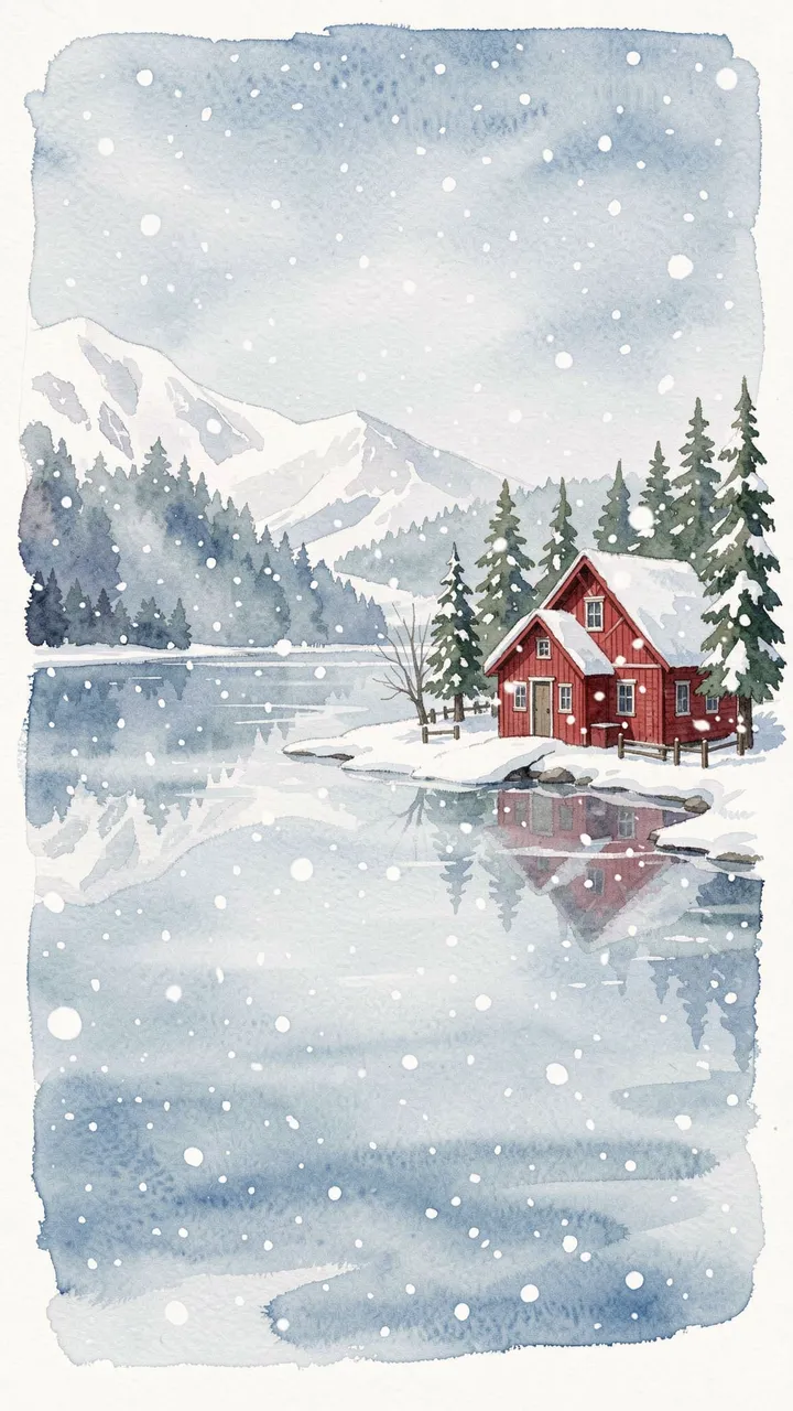 Watercolor illustration of a red snow-covered cabin on a quiet snowy lakeshore with falling snow and distant mountains