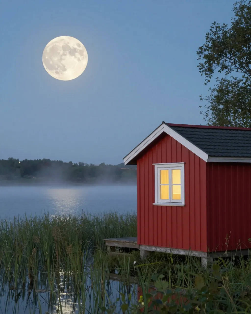 Small lit red cabin sits beside a misty reedy lake under a bright full moon at twilight