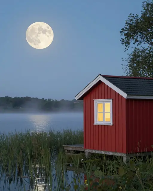 Small lit red cabin sits beside a misty reedy lake under a bright full moon at twilight
