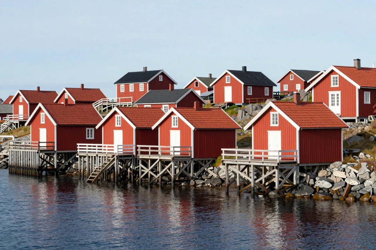 Bright red stilted fishing cabins line a rocky calm waterfront under a pale clear sky