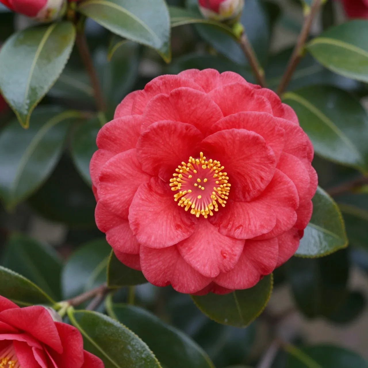 Close-up of a fully bloomed red camellia flower with bright yellow stamens among glossy dark green leaves