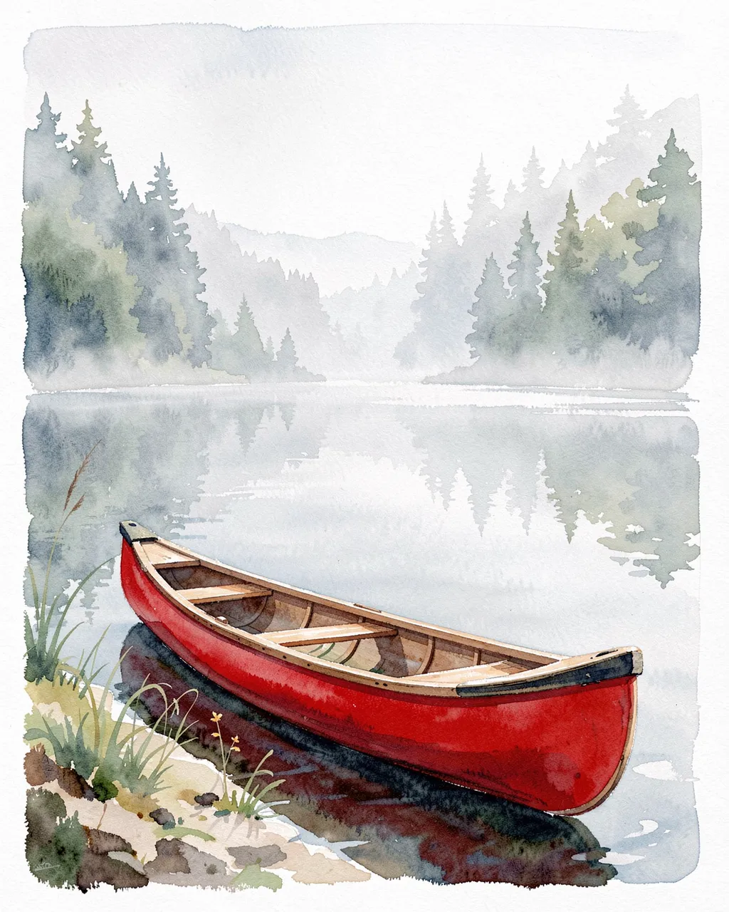 Watercolor painting of a red canoe resting on a rocky misty lake shore with pine trees across the water