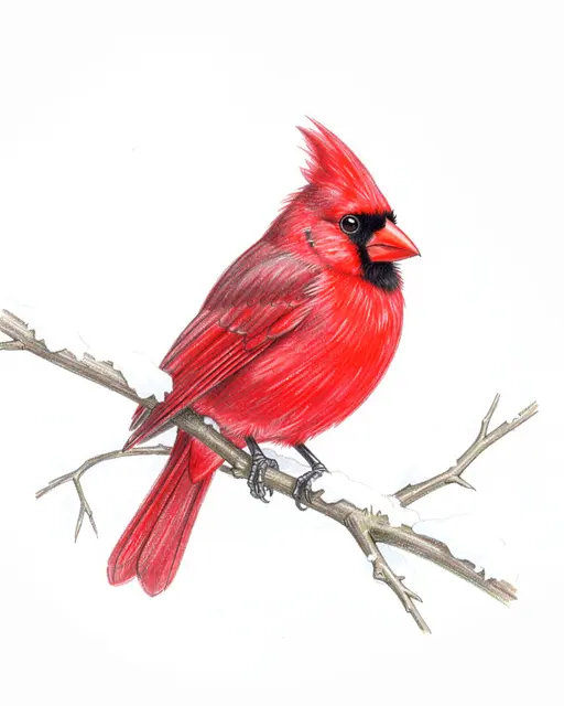 Colored pencil illustration of a bright red northern cardinal perched on a snow-dusted bare branch