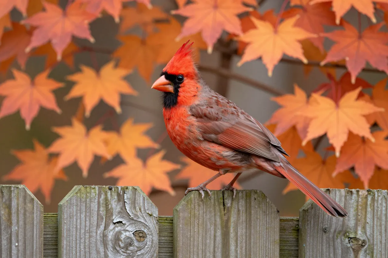A northern cardinal perches on a weathered wooden fence with orange maple leaves in the background.
