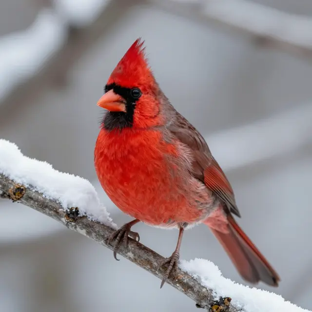 A bright red northern cardinal perches on a thin snow-covered tree branch in winter
