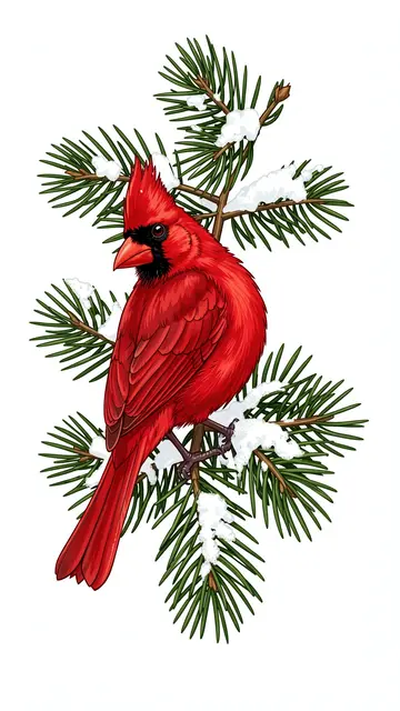 Bright red northern cardinal perched on a snow-dusted evergreen pine branch against a plain white background