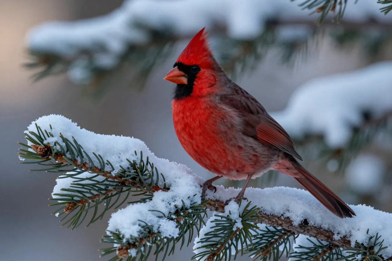 A bright red northern cardinal perches on a snow-covered pine bough at soft dusk