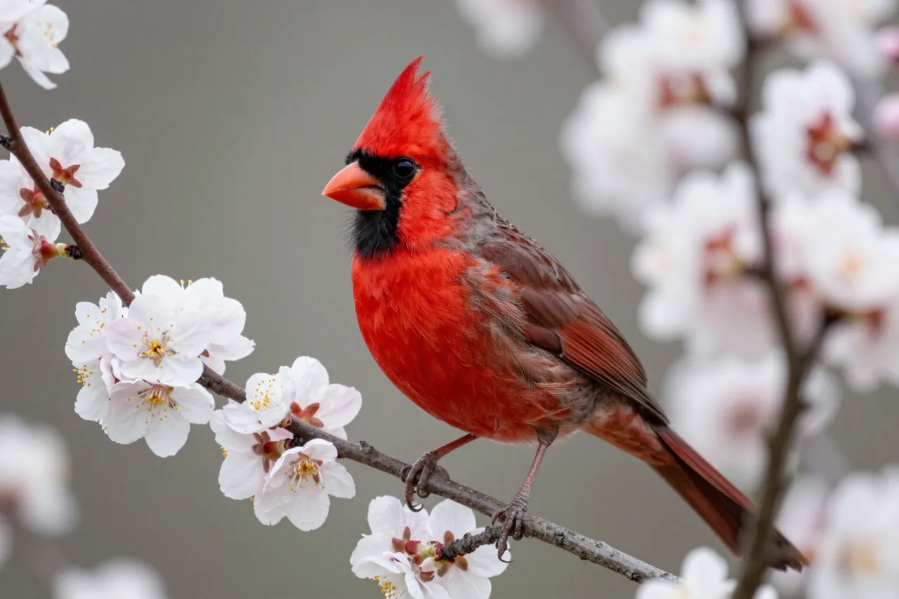 A bright red northern cardinal perches on a thin branch dotted with delicate white spring blossoms.
