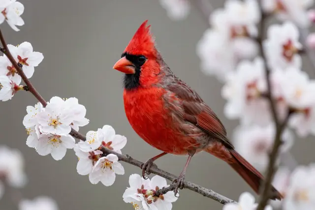 A bright red northern cardinal perches on a thin branch dotted with delicate white spring blossoms.
