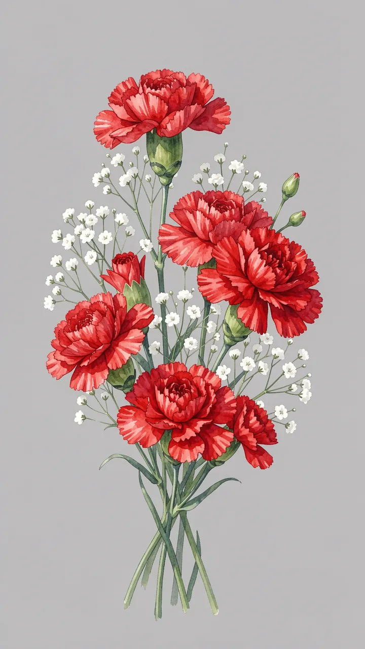 Watercolor illustration of a loose red carnation and white gypsophila bouquet on a dove gray background